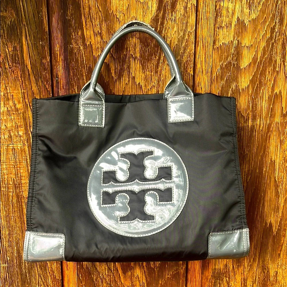 Tory Burch Ella Tote - Large Black Nylon Shoulder Bag with Patent Logo